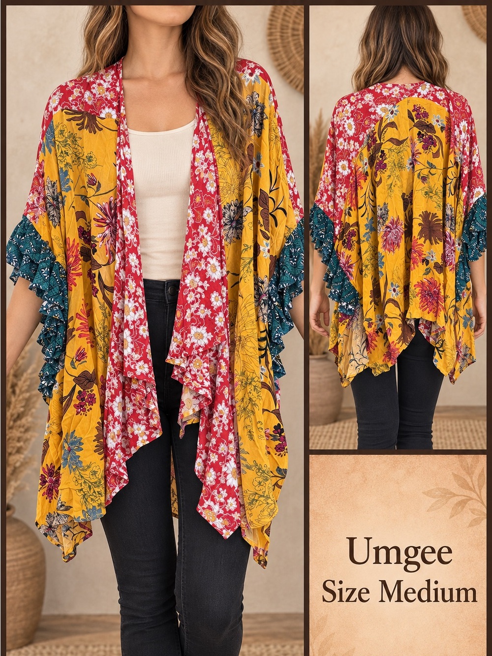 Umgee Floral Patchwork Kimono in Mustard, Red & Teal